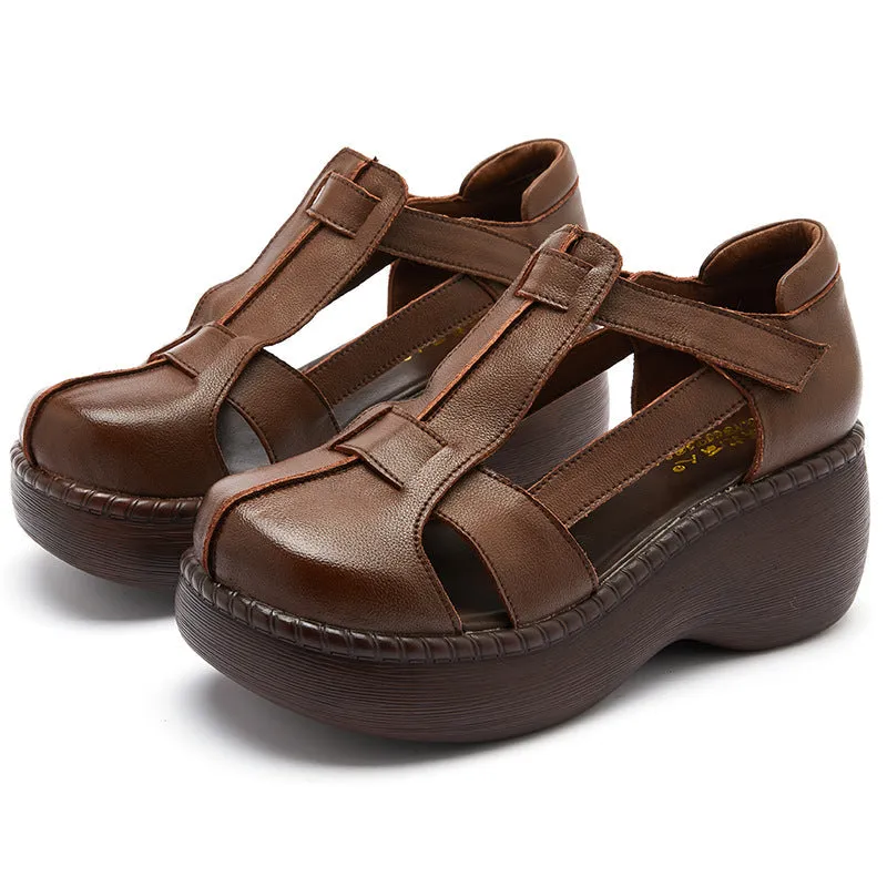 Women Retro Soft Plaited Leather Wedge Sandals