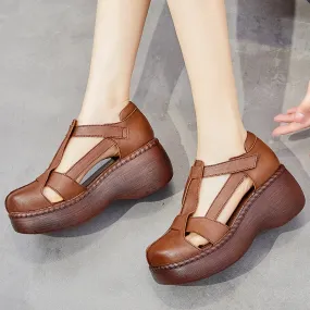 Women Retro Soft Plaited Leather Wedge Sandals