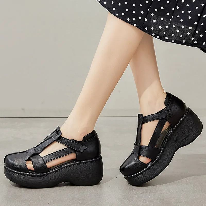 Women Retro Soft Plaited Leather Wedge Sandals