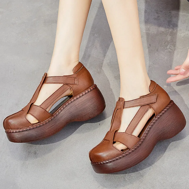 Women Retro Soft Plaited Leather Wedge Sandals