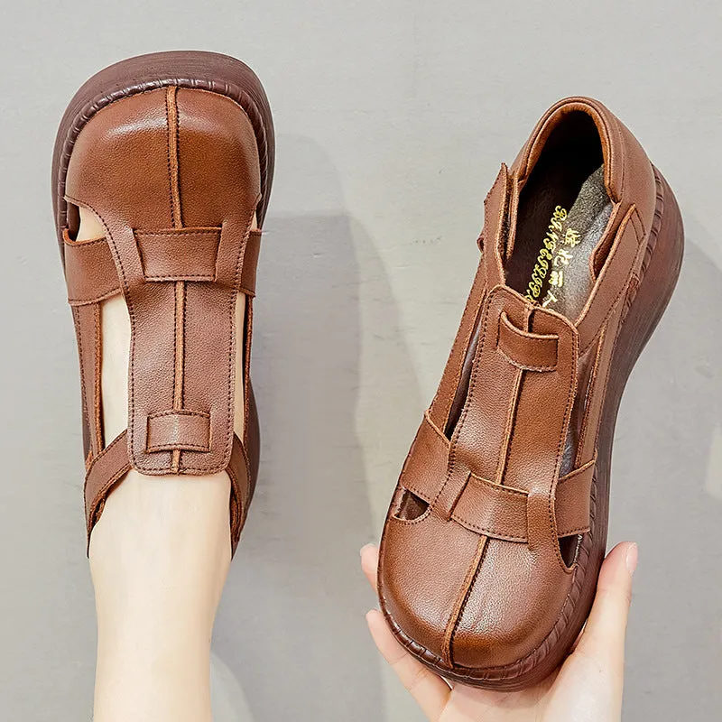 Women Retro Soft Plaited Leather Wedge Sandals