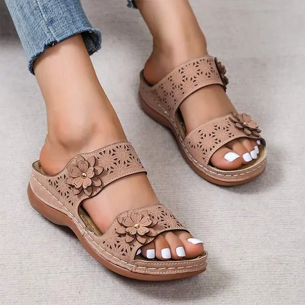 Women's Floral Cutout Vintage Wedge Slippers 24495741C