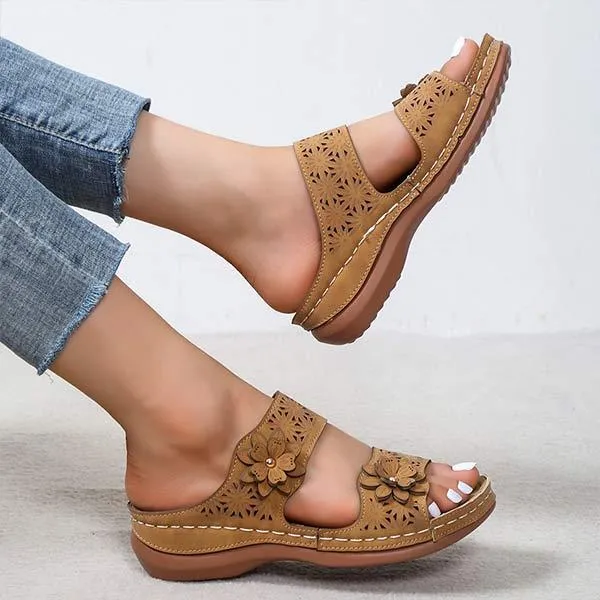 Women's Floral Cutout Vintage Wedge Slippers 24495741C