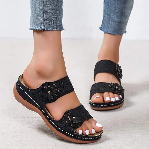Women's Floral Cutout Vintage Wedge Slippers 24495741C