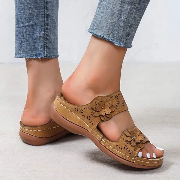 Women's Floral Cutout Vintage Wedge Slippers 24495741C