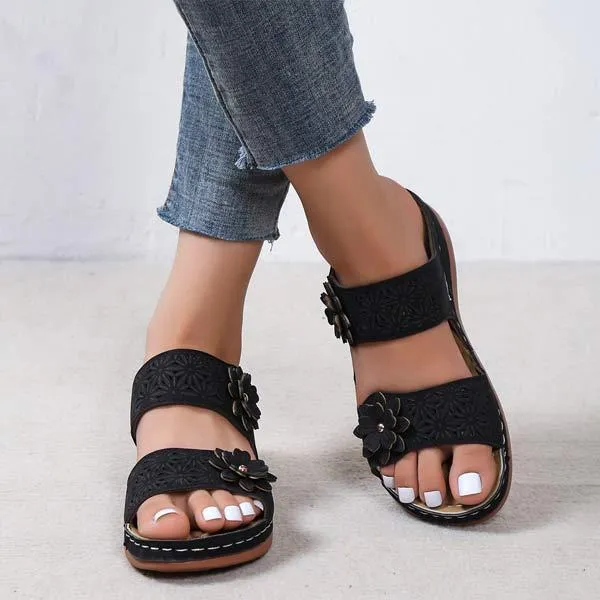 Women's Floral Cutout Vintage Wedge Slippers 24495741C