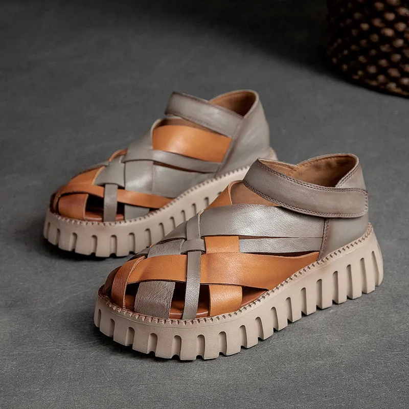 Women's Genuine Leather Retro Woven Thick Bottom Sandals Shoes