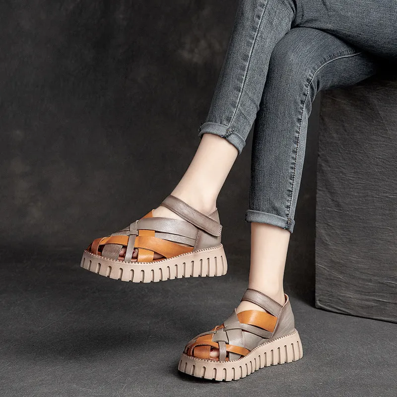 Women's Genuine Leather Retro Woven Thick Bottom Sandals Shoes
