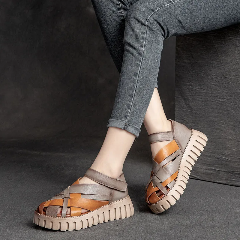 Women's Genuine Leather Retro Woven Thick Bottom Sandals Shoes