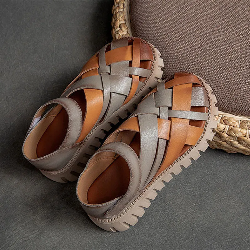 Women's Genuine Leather Retro Woven Thick Bottom Sandals Shoes