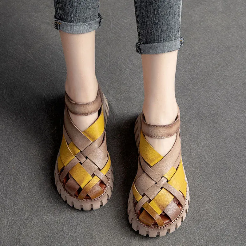 Women's Genuine Leather Retro Woven Thick Bottom Sandals Shoes