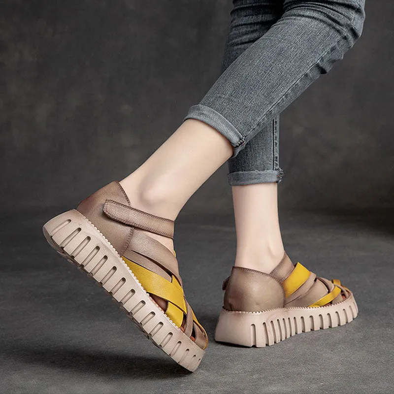 Women's Genuine Leather Retro Woven Thick Bottom Sandals Shoes