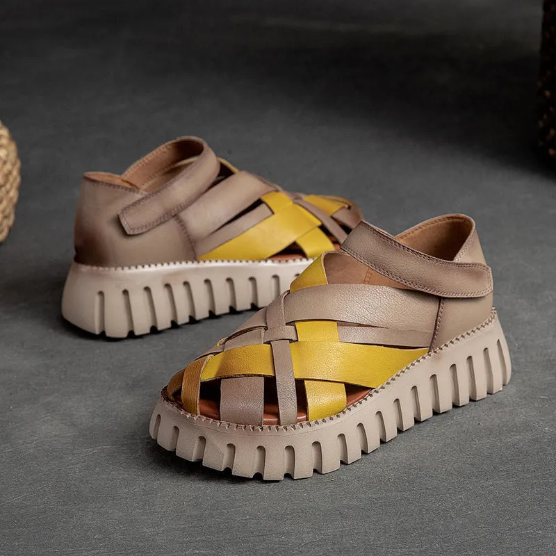 Women's Genuine Leather Retro Woven Thick Bottom Sandals Shoes