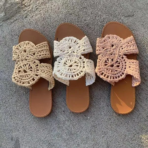 Women's Retro Braided Hollow Flat Slippers 12658636S