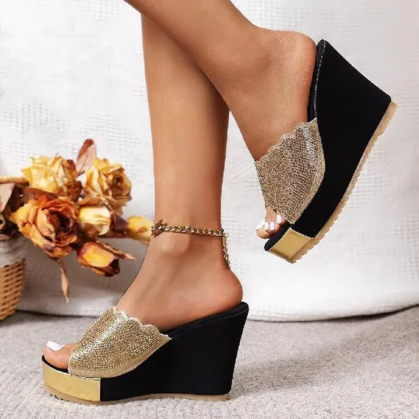 Women's Retro Rhinestone Fish Mouth Wedge Slippers 67488052S