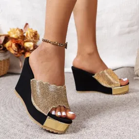 Women's Retro Rhinestone Fish Mouth Wedge Slippers 67488052S