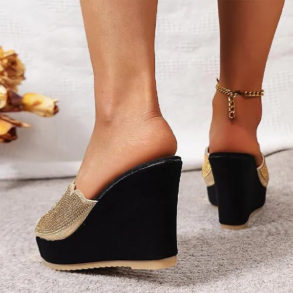 Women's Retro Rhinestone Fish Mouth Wedge Slippers 67488052S