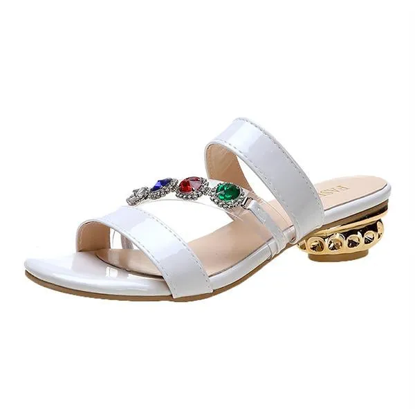 Women's Retro Shaped Heel Color Rhinestone Slippers 31401155S