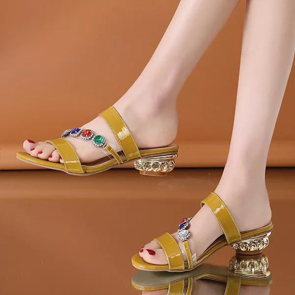 Women's Retro Shaped Heel Color Rhinestone Slippers 31401155S