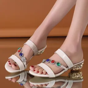 Women's Retro Shaped Heel Color Rhinestone Slippers 31401155S